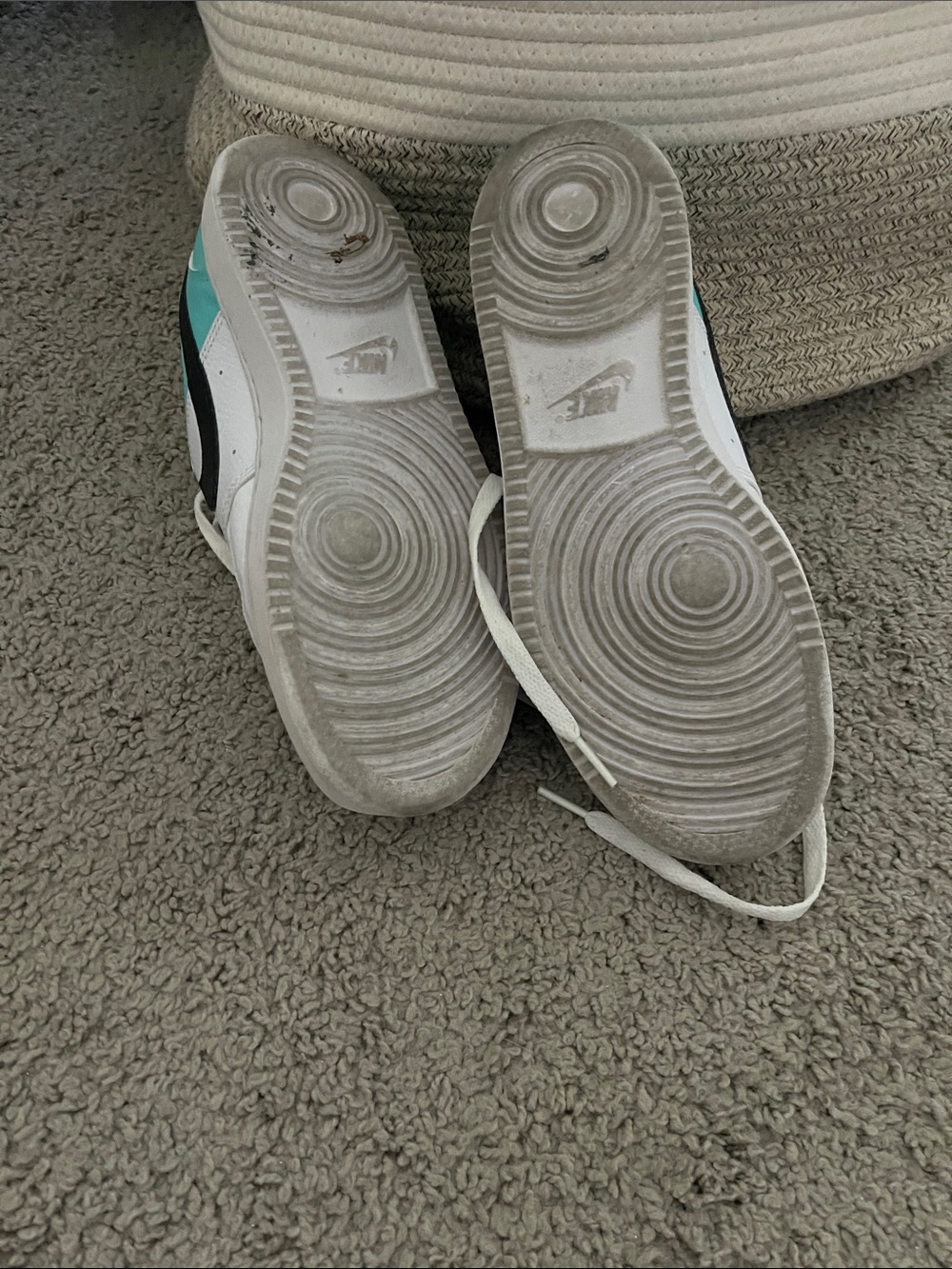 Nike White Low-Top Sneakers with Black Swoosh and Teal Heel - Picture 3 of 4